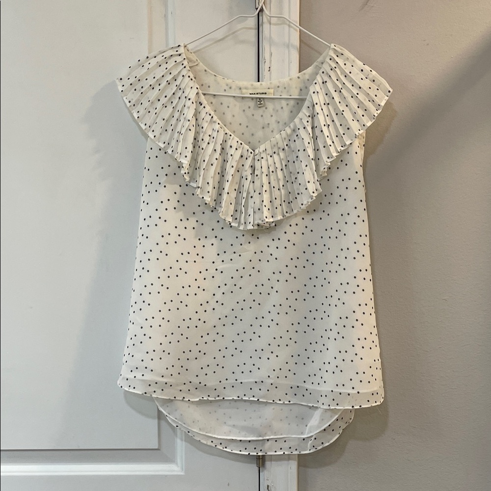 Max Studio White and Black Dotted Ruffle Blouse